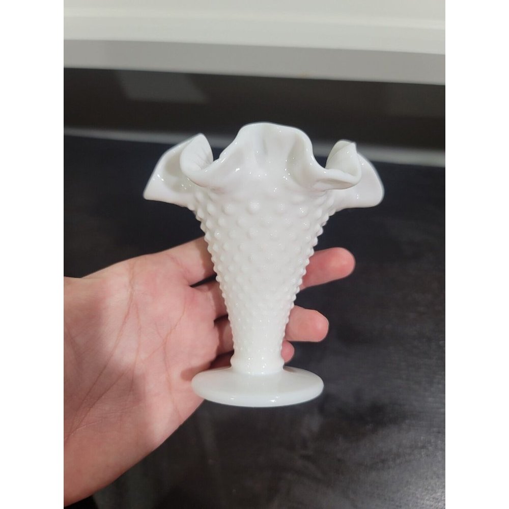 Vintage Fenton Hobnail White Milk Glass 4” Trumpet vase ruffled crimped edge